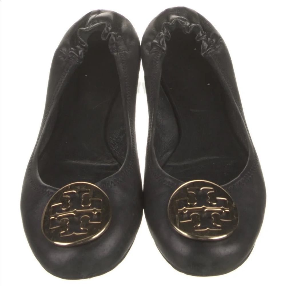 Tory Burch Black Ballet Flats With Gold Metal Logo, size 8.